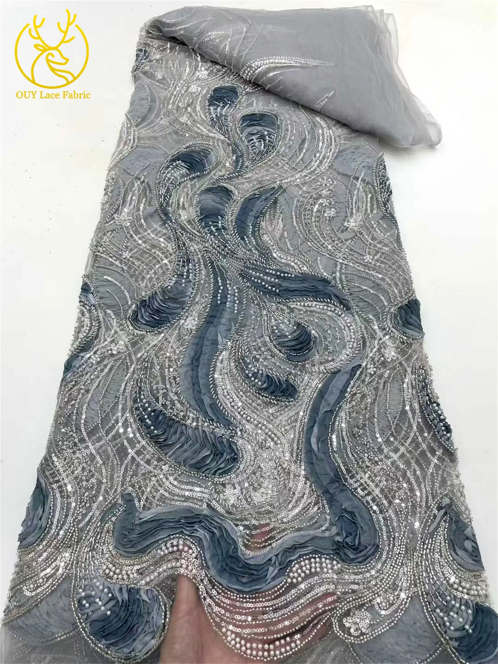 قماش دانتيل ترتر أفريقي عالي الجودة لعام 2025 قماش شبكي مزخرف مطرز بالخرز لفستان حفلات الزفاف 5 ياردات