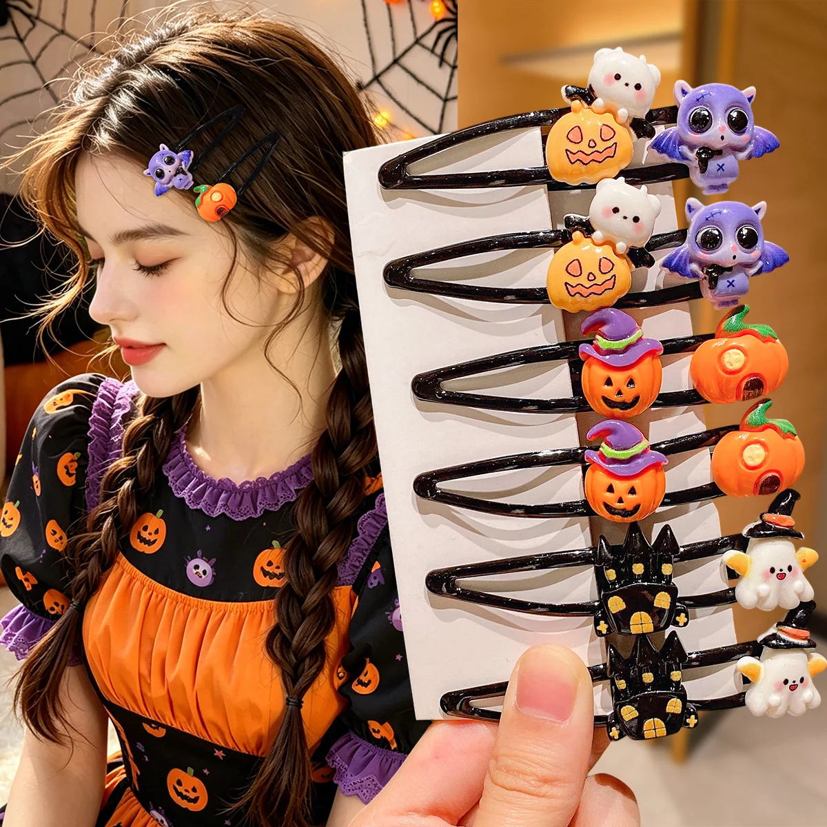 6/12Pcs Halloween Cartoon BB Hair Clips, Black Water‑drop Hairpins for Party & Gifting