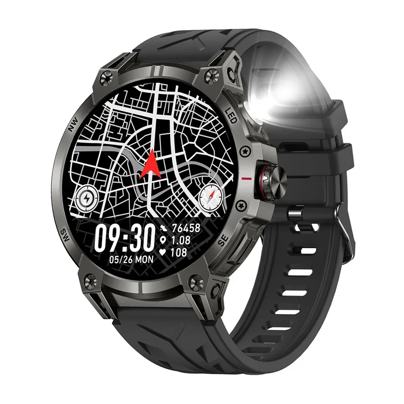 

Gaines Men Smart Watch KC89 LED Flashlight Copmpass BT Calling Voice Assistant Health Monitoring 760mAh Outdoor Sports Smartwatc