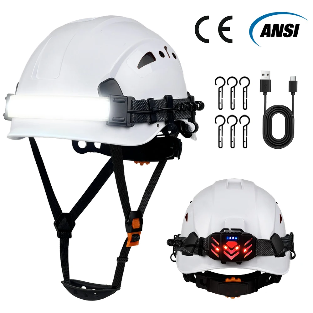 CE Safety Helmet W/ 4 Gears Led Headlight Strip and Warning Taillight ABS Light Weight HardHat for Construction Climbing Traffic