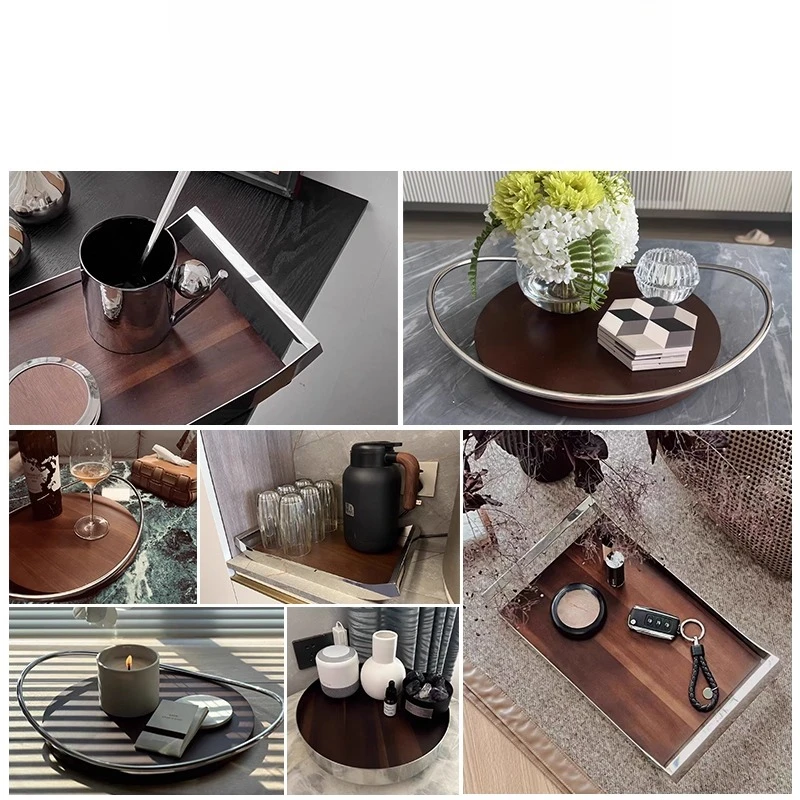 Nordic Style Luxury Tray Set - High-End Walnut And Stainless Steel Tea Coffee Whiskey Serving Plate for Snacks Fruits Desserts