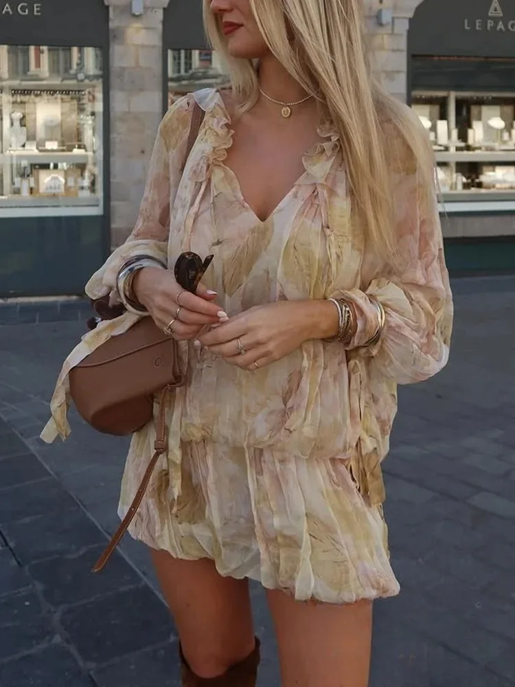 KONDALA Vintage vacances fleur imprimé femmes robe à manches longues col en V à volants Mini robe mode 2025 printemps été élégant Vestido