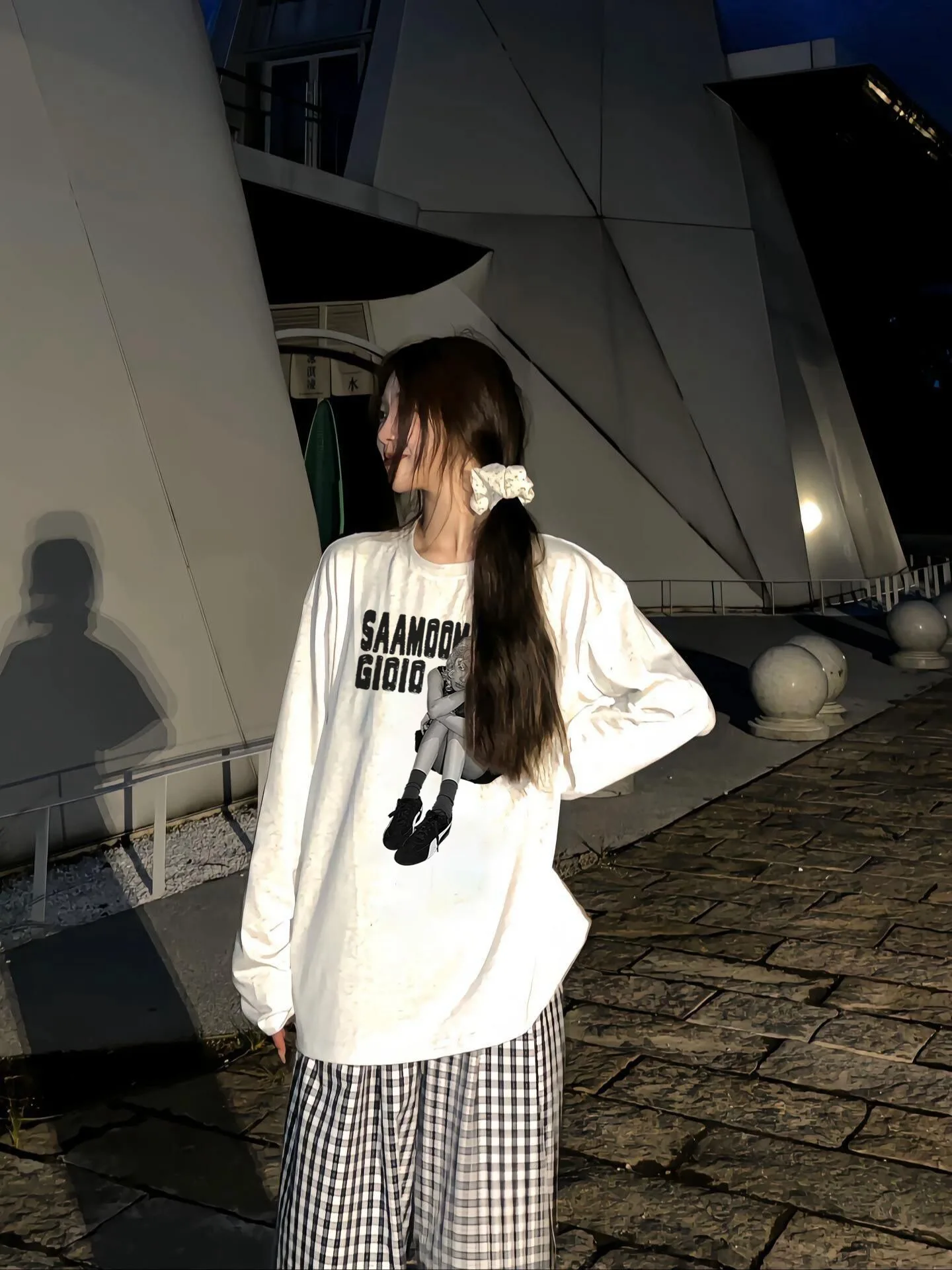 Koszulka damska w stylu koreańskim, biała, z długim rękawem, jesień-zima 2025, nowa, 100% bawełna, oversize, luźna, top, odzież damska Y2k