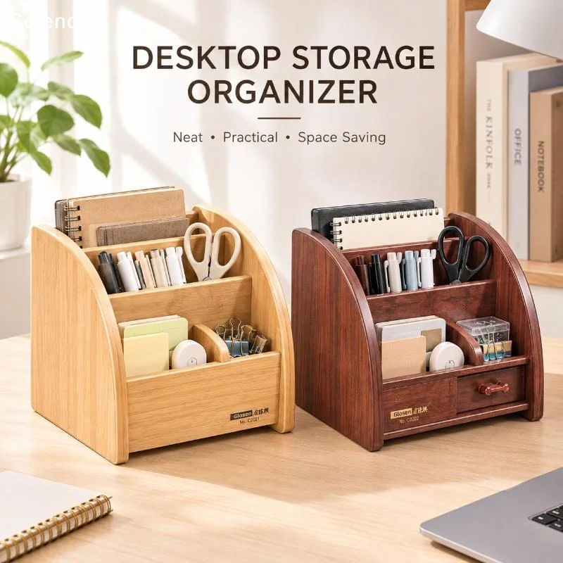Multi-Compartment Bamboo Organizer Solid Structure Natural Bamboo Storage Box Bamboo Pen Holder Modern Minimalist For Kitchen