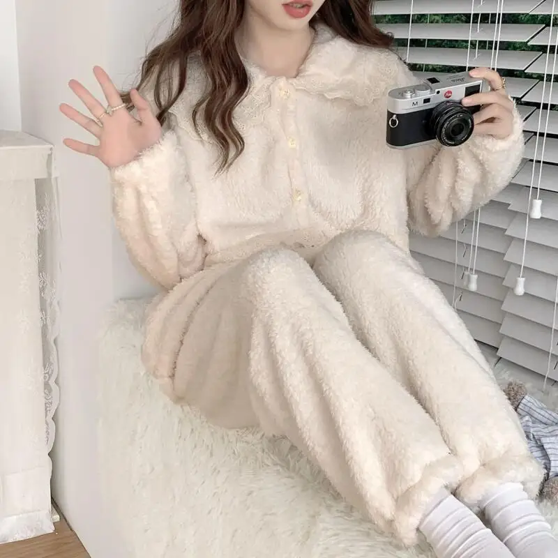 Hot Coral Fleece Leisure Wear Winter Thicken Cute Sweet Minimalist Loungewear Set Dopamine Birthday Present New Style Wholesale