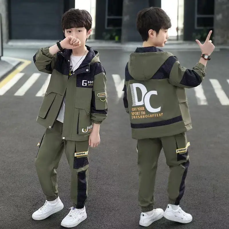 Boys Autumn Set New Spring Cardigan Hooded Letter Zipper Jacket+Work Pants 2PCS Fashion Outfits Children Casual Sport Clothing