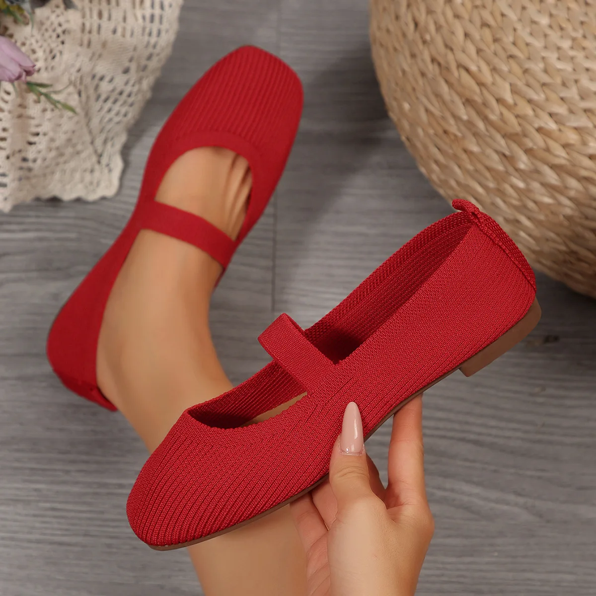 Women Casual Knitted Ballet Flats Shoes  Comfortable Anti-slip Strap Loafers Mary Jane Lightweight Daily Walking Sneakers
