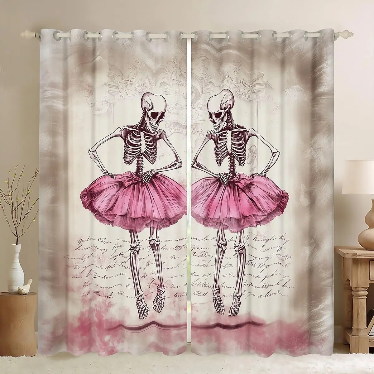 Spooky Skeleton Ballet Tutu Curtains Gothic Aesthetic Drapes Pink Halloween Window Treatment Wall Art Room Decor