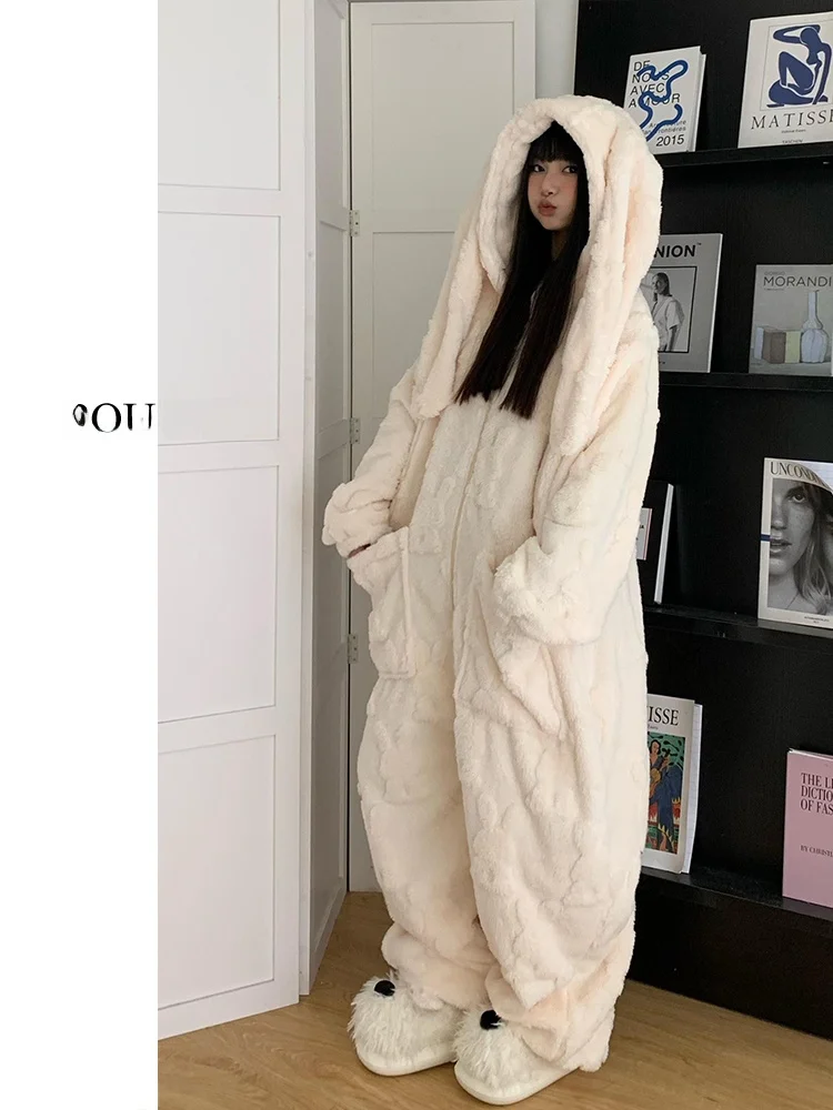 

Коралловый комбинезон с милым кроликом и вышивкой, осенне-зимний комбинезон с капюшоном больших размеров, домашняя одежда для женщин