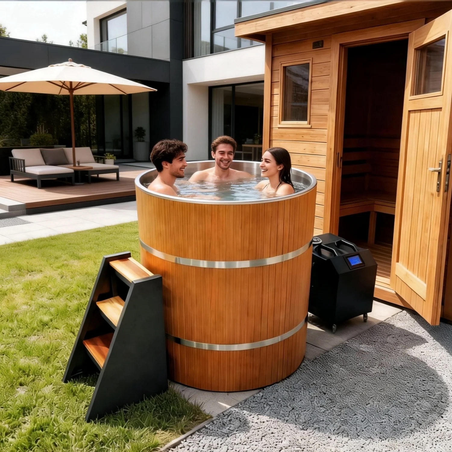 2-4 Person Cold Plunge   Custom 304 Stainless Steel, Wood Finish, Easy Setup Bulk Supply for  Global Markets