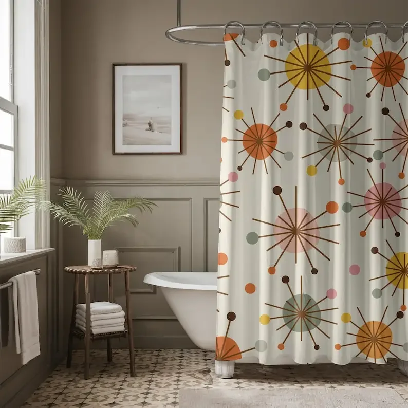 Mid Century Modern Shower Curtain - Retro Geometric, 50s MCM, Lime, Cream, Green, Mustard & Rust, Colorful Bath Decor