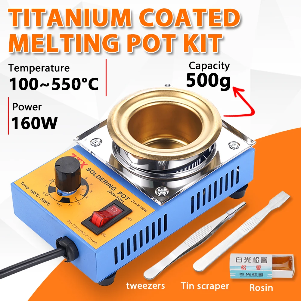 Desktop 160W EU Soldering Pot Kit Titanium Coated 500g 100‑550°C Stepless Control for Wire Tinning Component Desoldering Work