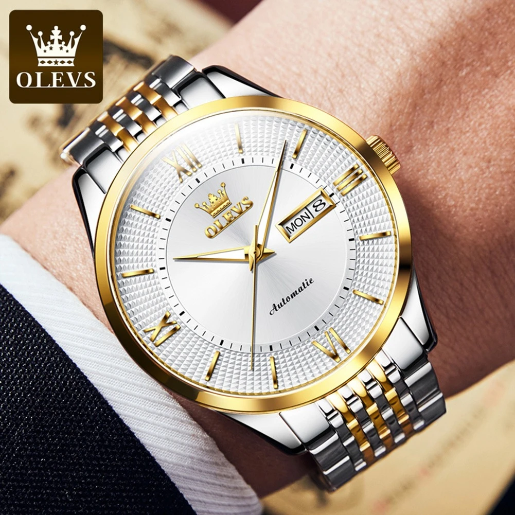 OLEVS 6657 Business Mechanical Watch Gift Stainless Steel Watchband Round-dial Wristwatch Week Display Calendar Luminous