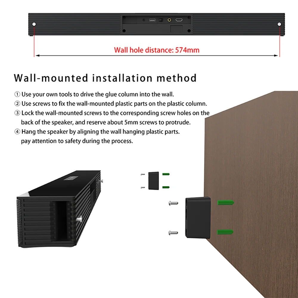 Rsionch Wall-mountable Speaker Portable Wireless TV Soundbar 50W FM Radio Home Theater Speakers for Laptops Smartphone USB/TF