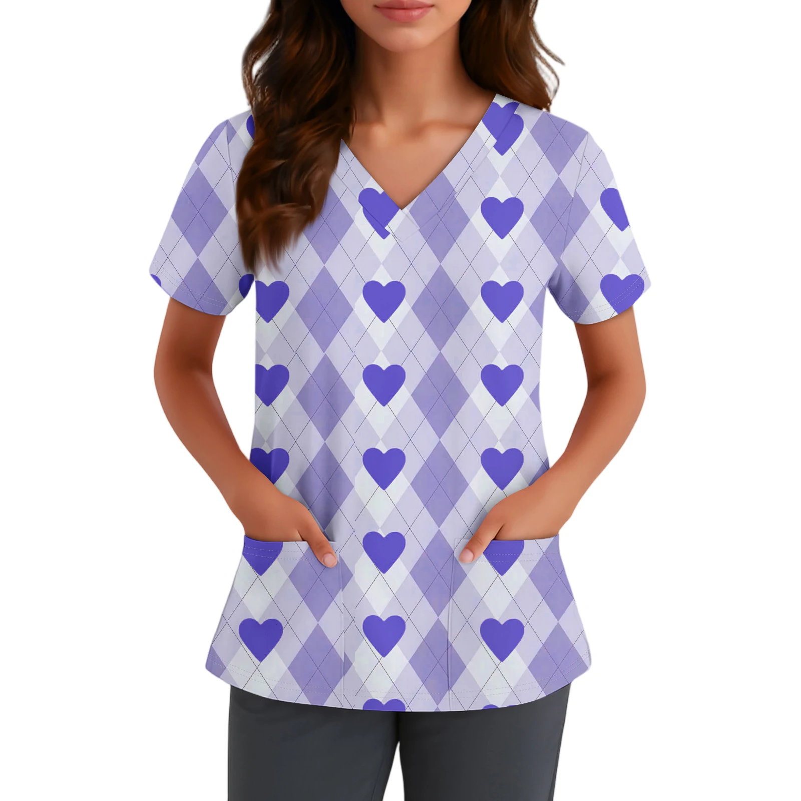

Women'S Purple White Heart Argyle V-Neck Top Valentine'S Day Short-Sleeve Pocket Blouse Adult Daily Casual Nurse Uniforms Traje