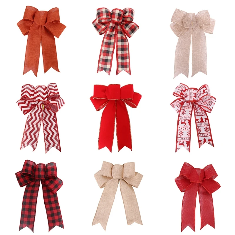 

Christmas Tree Bow Striped Buffalo Plaid Elk Snowflake Rustic Long Ribbon Pre-Tied Bowknot for Wreath Crafts DIY Decor N7YF