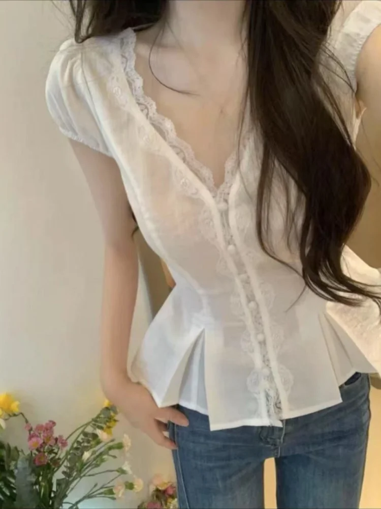 

Ruffle Lace ort Sve irt Women's V-ne Hollow out Belted Waist Top Korean Sle Slim Fit Summer New Arrival