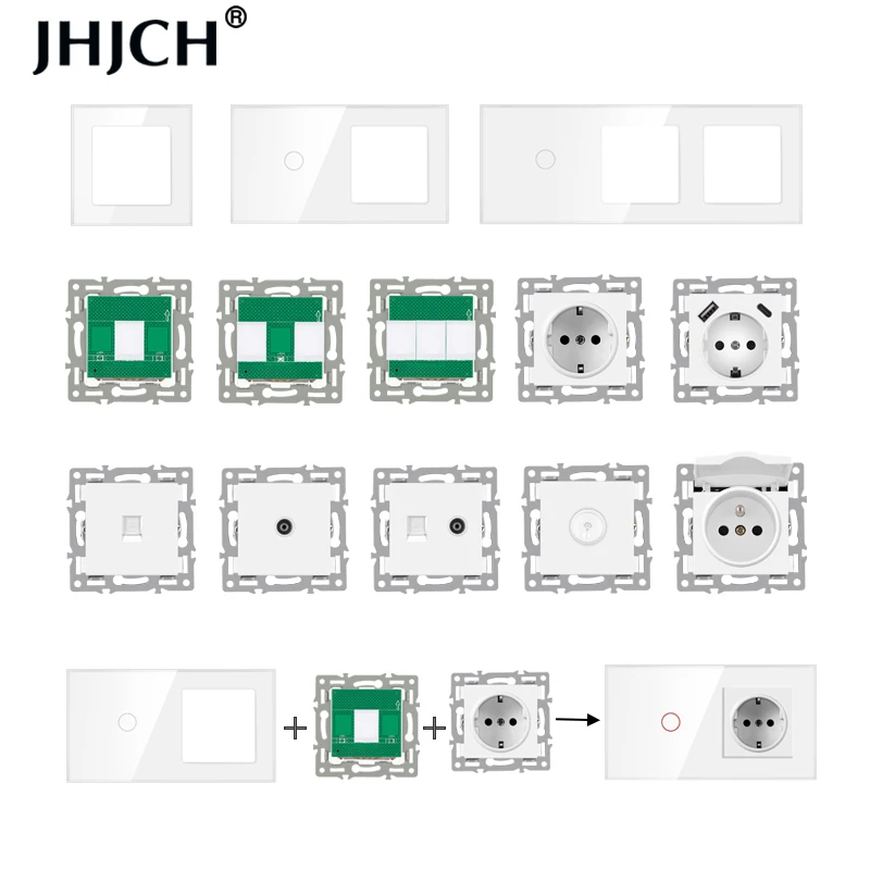 Jhjch wall-mounted diy module European standard white tempered crystal glass panel socket led light switch button function combi