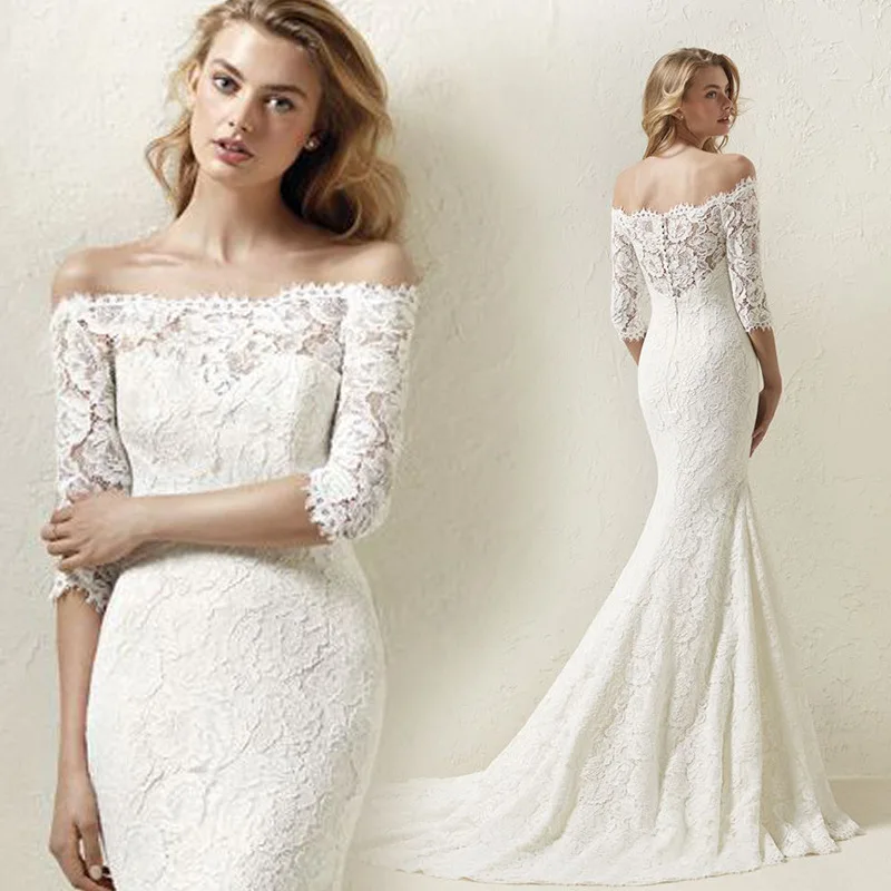 VENSANAC Off the Shoulder Lace Mermaid Wedding Dress Embroidery Half Sleeve Boat Neck Sweep Train Bridal Gowns