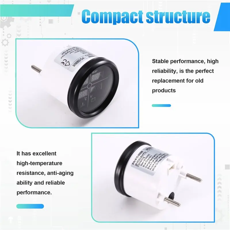 AB16-LED 52Mm Digital Gauge Car Boat Yacht Multi 4 In 1 0-190Ohm Fuel Level Gauge +Oil Pressure+Water Temp+Voltmeter