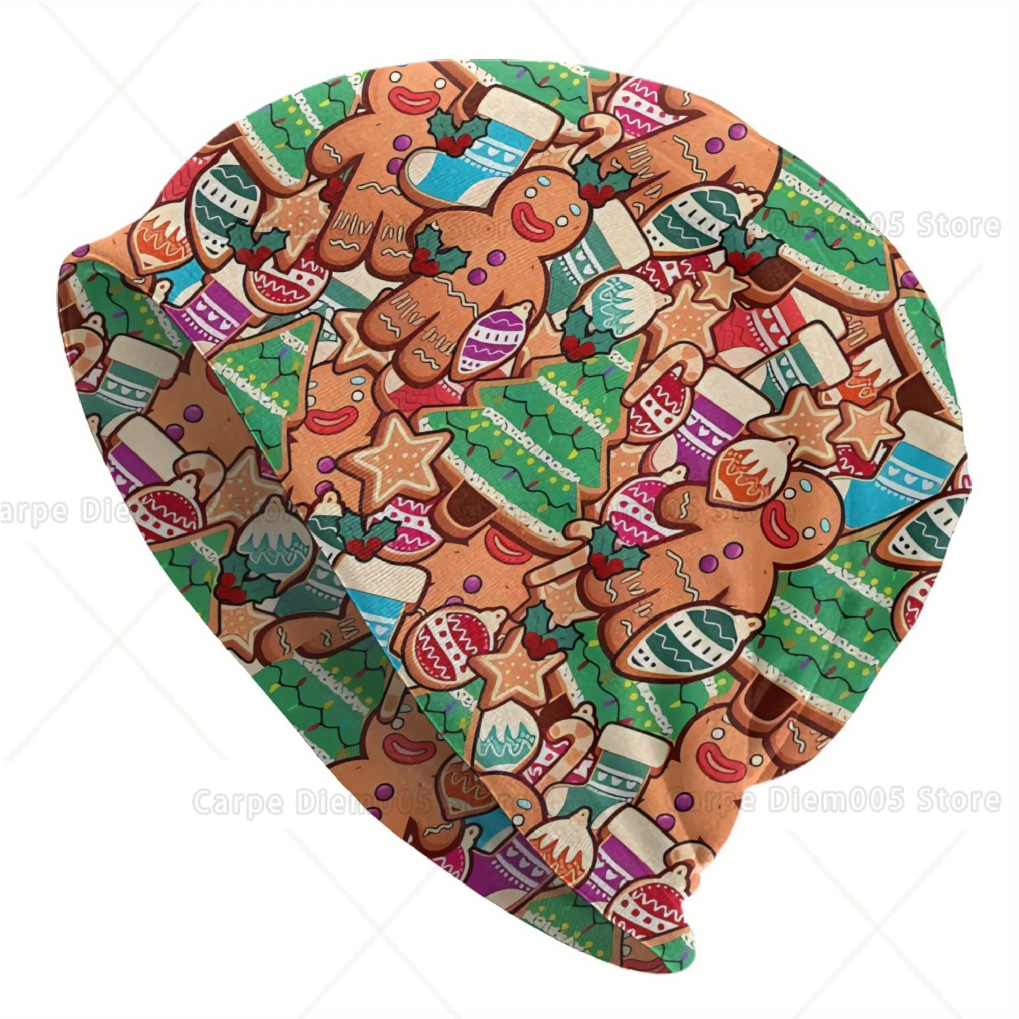 Colorful Gingerbread Cookie Beanie Cozy Knit Hat with Holiday Gingerbread, Christmas Trees Candy Canes Design Beanies for Men