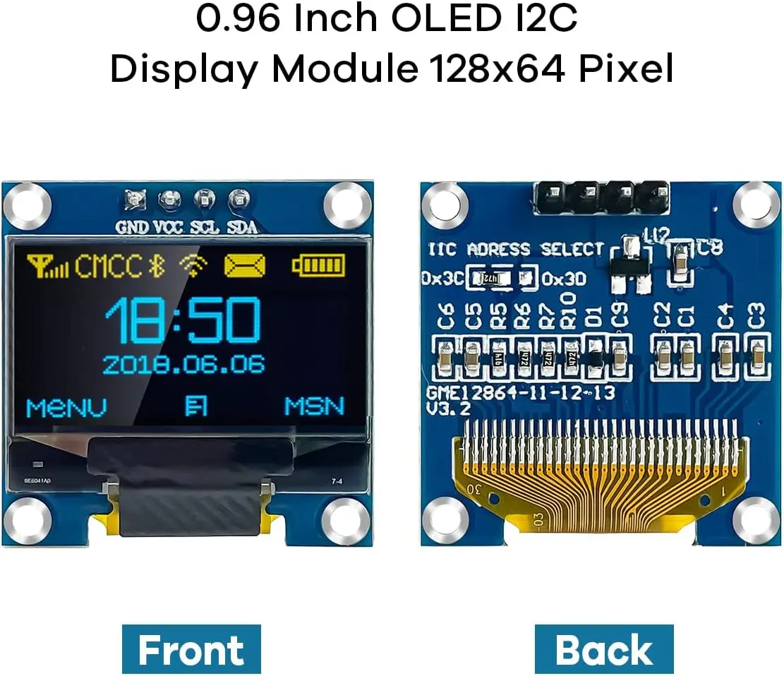 0.96 Inch OLED I2C IIC Display Module 12864 128x64 Pixel SSD1306 Mini Self-Luminous OLED Screen Board Compatible with Arduino