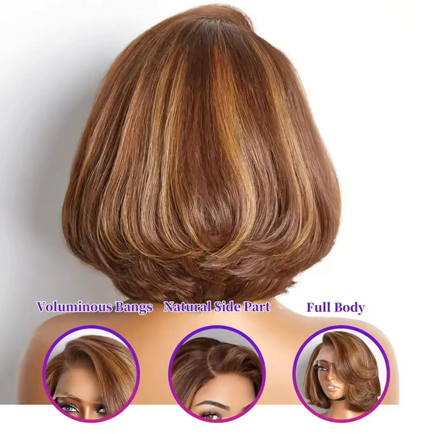 12 بوصة توفي براون مختلط شقراء بوب شعر مستعار الطبقات 5x5 الدانتيل فضفاض موجة الشعر البشري قبل قطع الجانب جزء قصير جاهز للذهاب