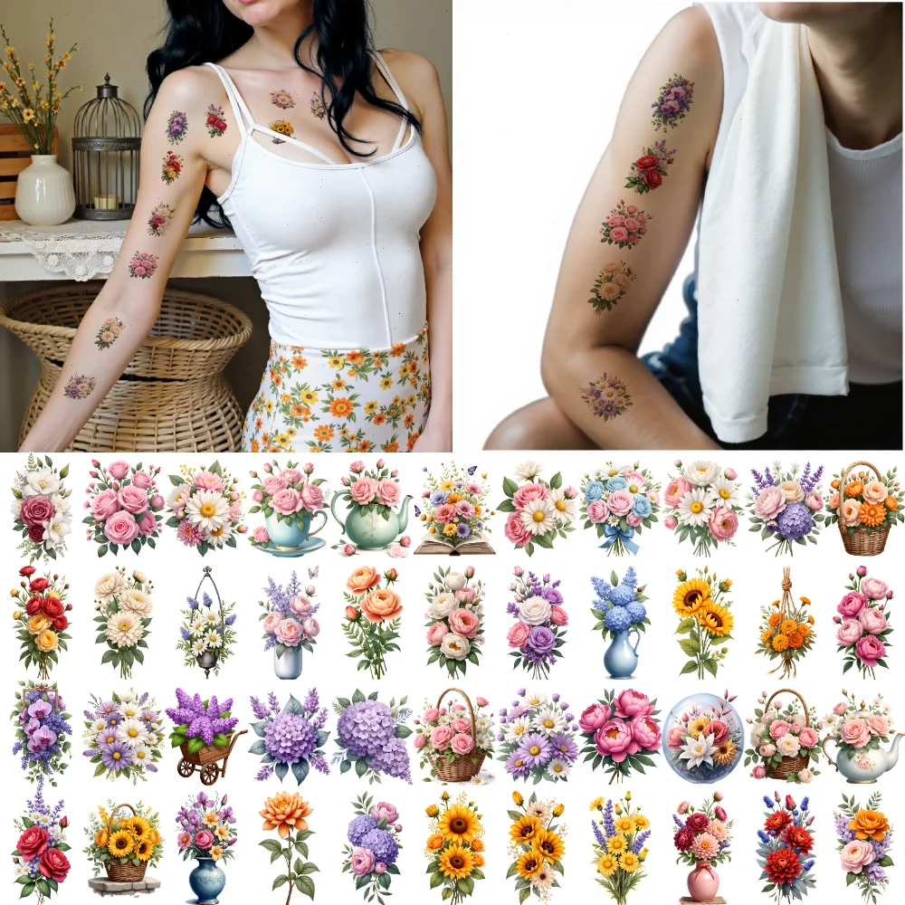 63 pçs tatuagem temporária margaridas à prova dwaterproof água de longa duração corpo adesivos peônias bules ilustração vasos para ombros