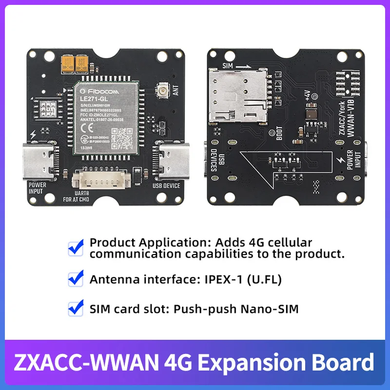 ZXACC-WWAN 4G Expansion Board Fibocom LE271-GL LTE Cat.1 Global Common Cellular Communication Capability for Qiming ESP32 Board