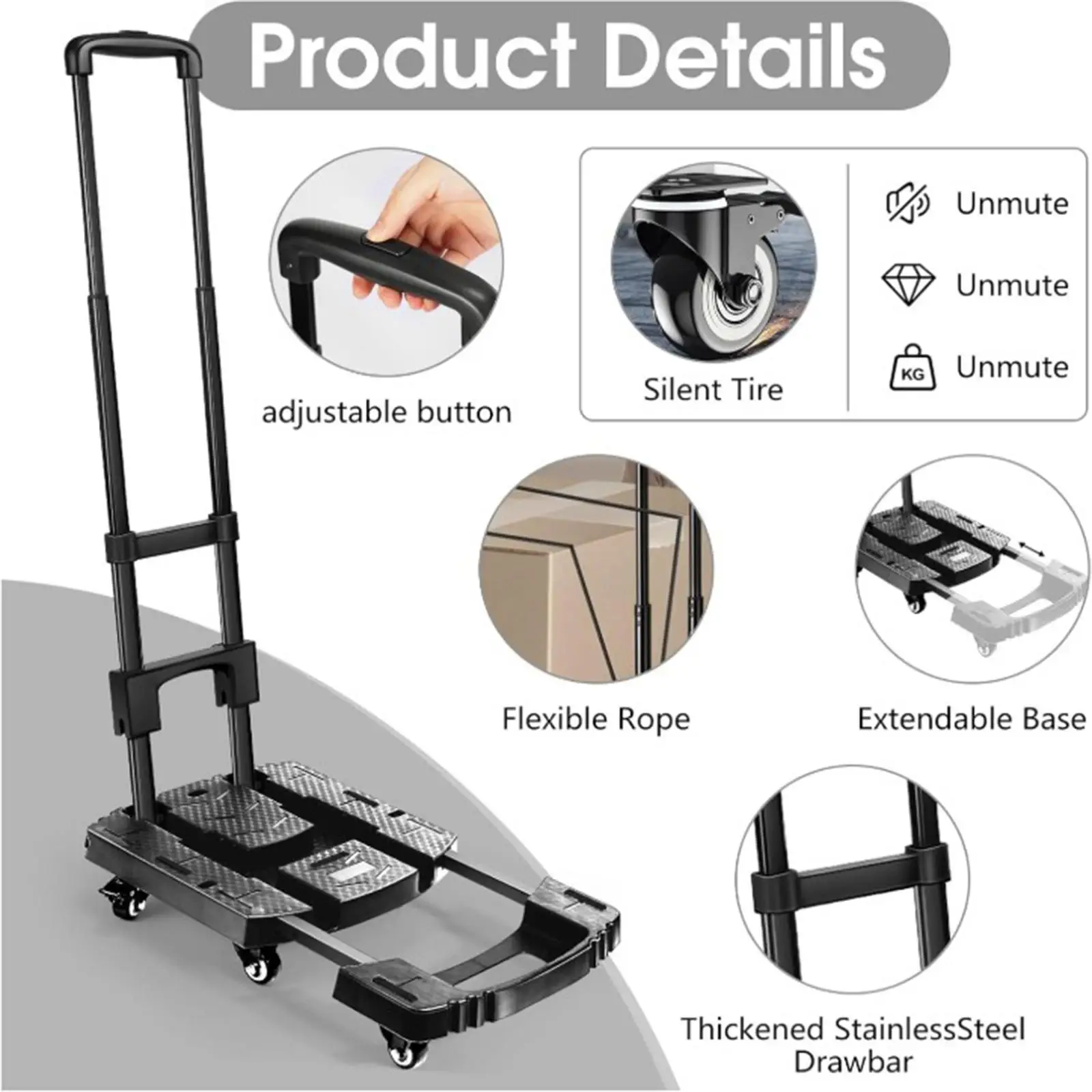 Portable Heavy Duty Dolly 6 Wheels Collapsible Luggage Cart with 2 Elastic Ropes for Easy Moving Ideal Hand Cart Travel and More