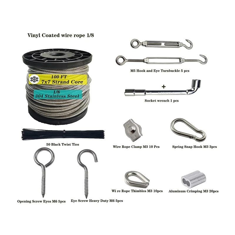 Heavy Duty Turnbuckle Wire Tensioner Kit Cable 100Ft 1/8Inch Cable For Outdoor String Lights Hanging