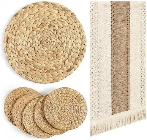 

Baderke 7-Piece Boho Table Runner & Placemats Set - Woven Water Hyacinth, Farm Beige, 12x72"