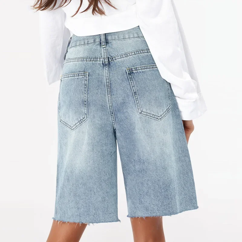 

Джинсовые шорты в стиле Bf с необработанным подолом, женские уличные шорты с высокой талией в стиле хип-хоп, свободные рваные прямые широкие полушорты, джинсы