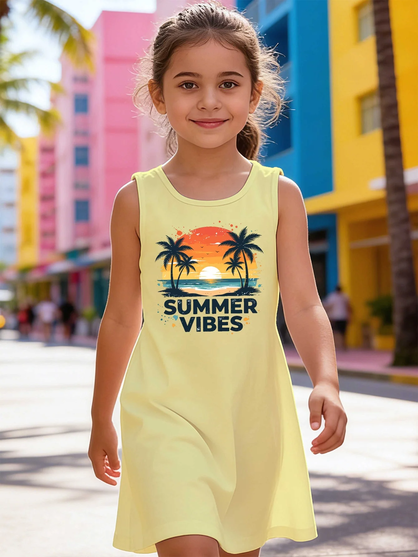 Toddler Sleeveless A‑Line Dress Tropical Beach Palm Sunset Letter Graphic Print Casual Summer Outfit for Teen Daily Holiday Wear