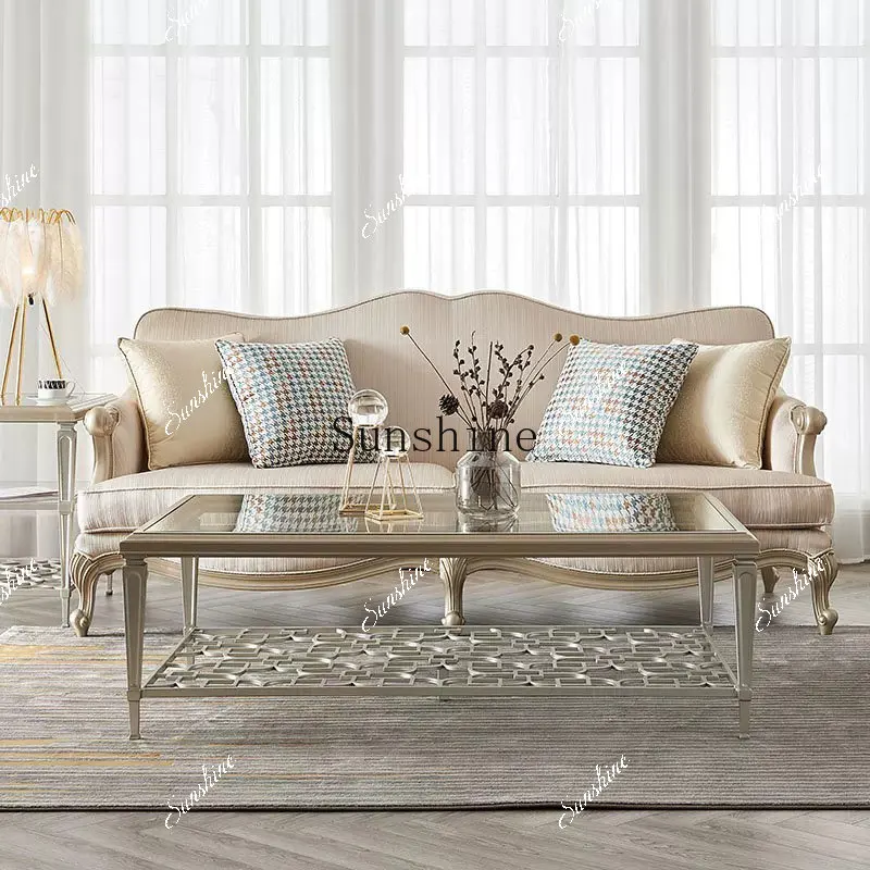 American light luxury solid wood fabric three-person sofa living room engraving creative high-end champagne color  FT