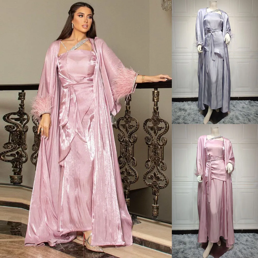 3 Piece Set Women Muslim Dubai Arab Outfit Kimono Open Abaya Vest Dresses Feather Sleeve Islamic Clothing Wedding Evening Gown