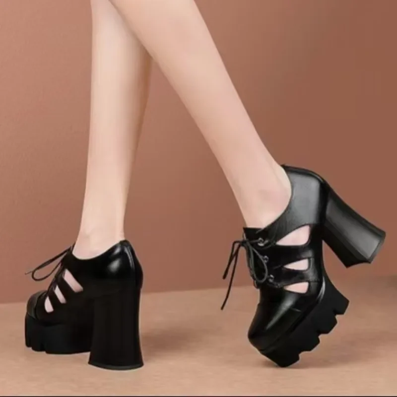 

Новинка 2025, женские полые босоножки на высоком каблуке со шнуровкой для ночного клуба, высокие каблуки на толстой подошве и толстом каблуке