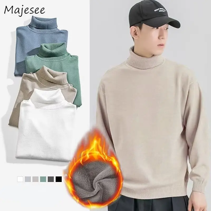 

Turtleneck Sweater Men Autumn Winter Basic Simple Pullovers Fleece Loose Casual Solid Knitting M-4XL Oversize Candy Colors Male