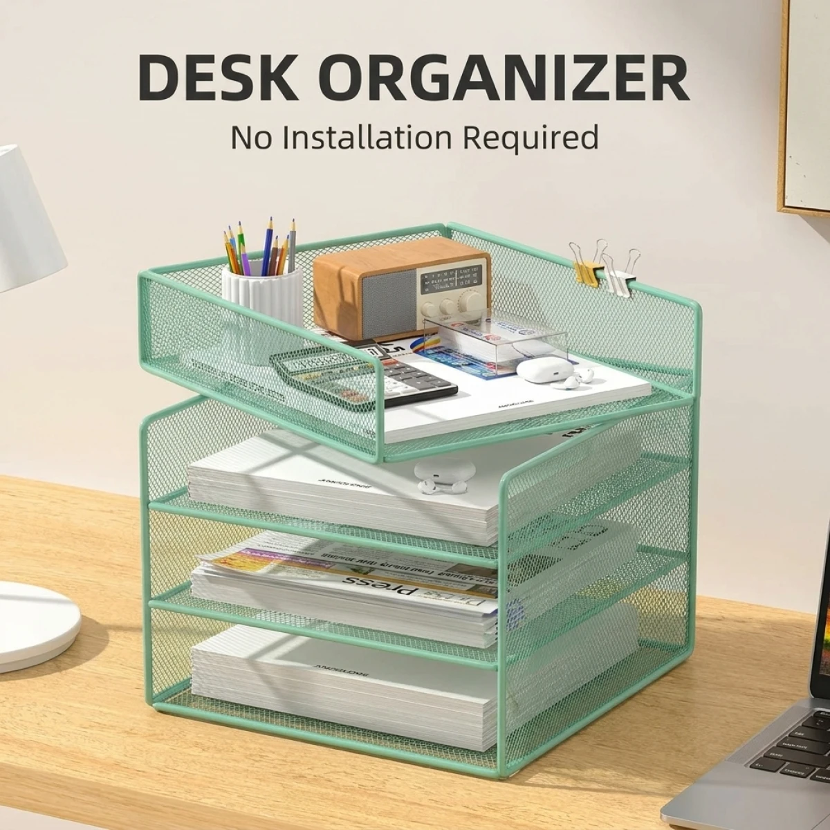 No Installation Mesh Desktop File Organizer – Large Capacity, Stackable 2/3/4 Tier, Green Metal Paper Holder Rack