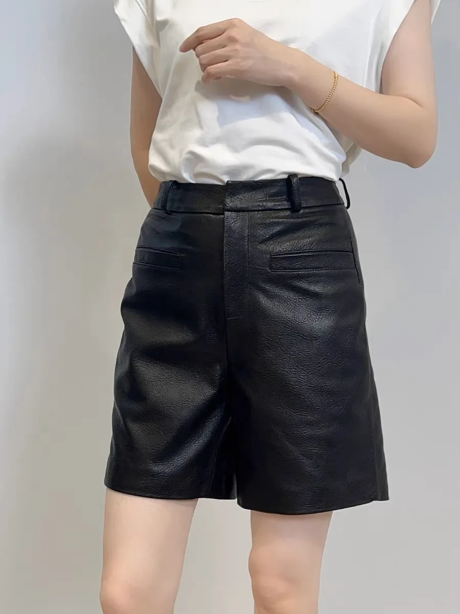 Fashion Genuine Leather Shorts For Women Straight Shorts Spring Chic Ladies High Waist Imported Sheepskin Casual Leather
