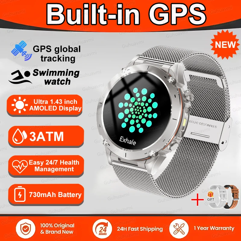GUHUAVMI [Weltpremiere] Robuste GPS-Smartwatch, 1,43 Zoll AMOLED-Display, Bluetooth-Telefonanrufe, LED-Taschenlampe, IP68, wasserdichtes Sportarmband 10