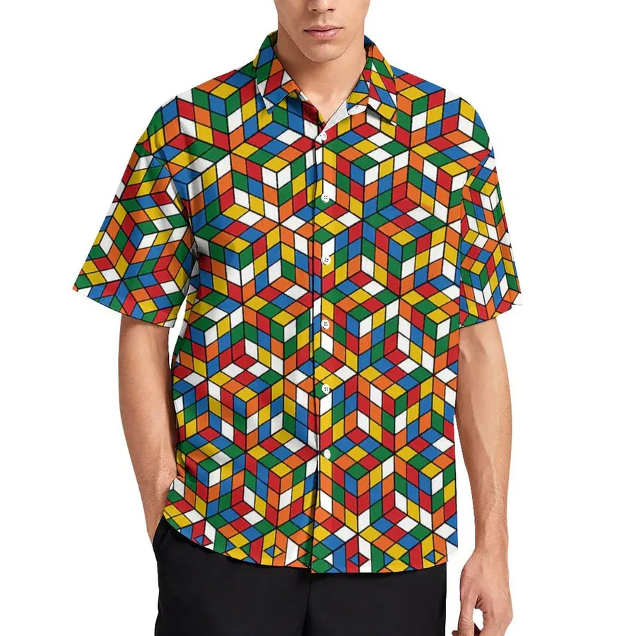 New 3D men\'s multi-color Rubik\'s cube high-definition full body print casual fashion versatile short sleeved shirt