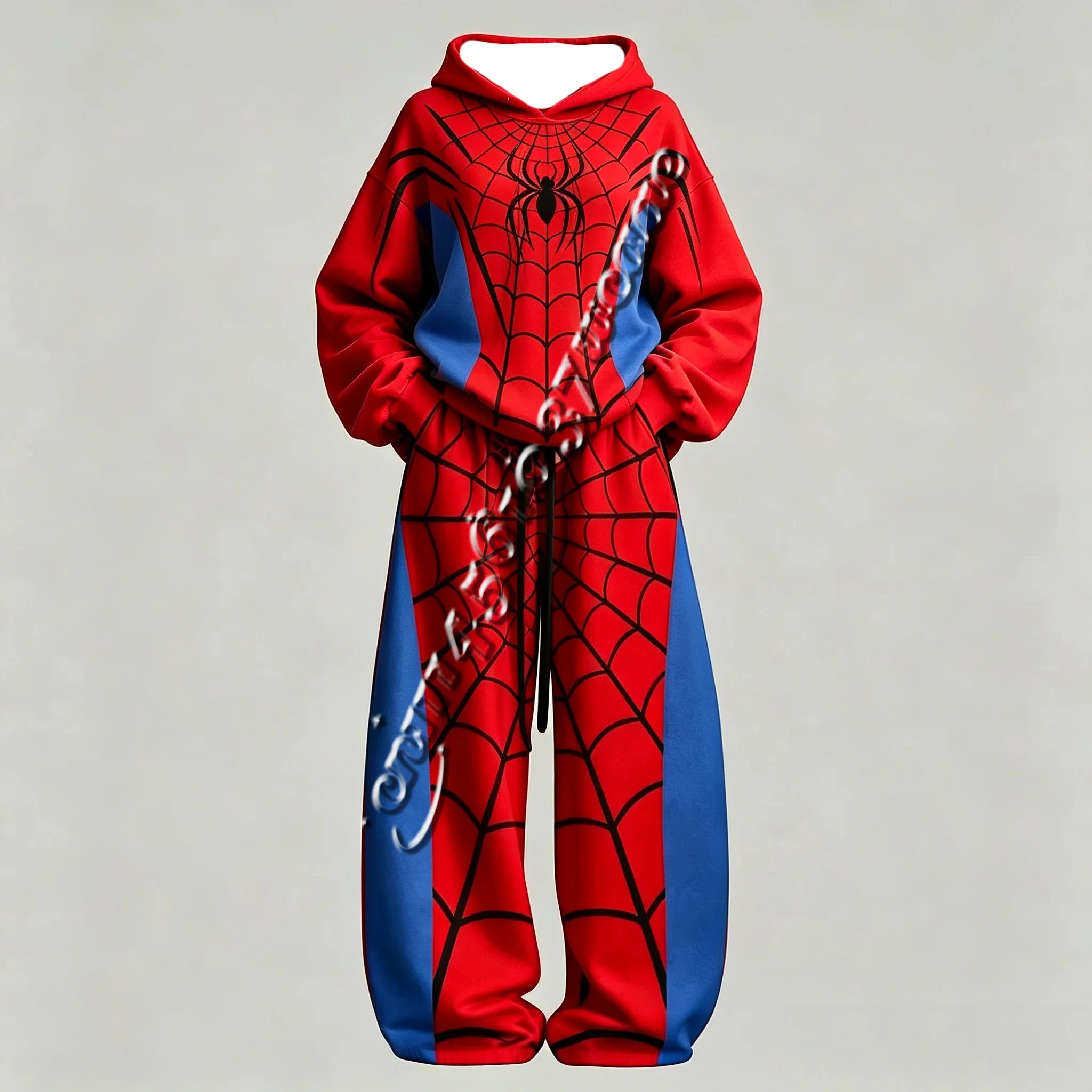 26/27 Unisex Autumn Winter American Streetwear Spider Web Hoodie and Wide Leg Pants 2 Piece Oversize Sweat Suit FamilyMatching