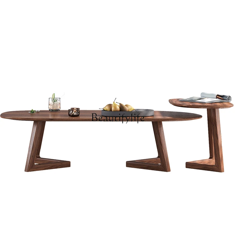 

*Black walnut medieval solid wood tea table living room simple oval combination coffee table