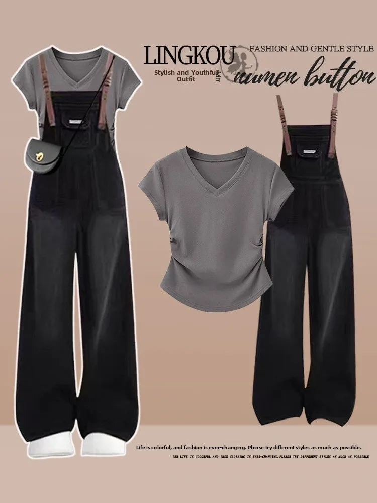 

Fashionable Summer Outfit Women's Korean Style Slim Fit Short Sleeve T-Shirt High Waist Denim Overalls Two Piece Set