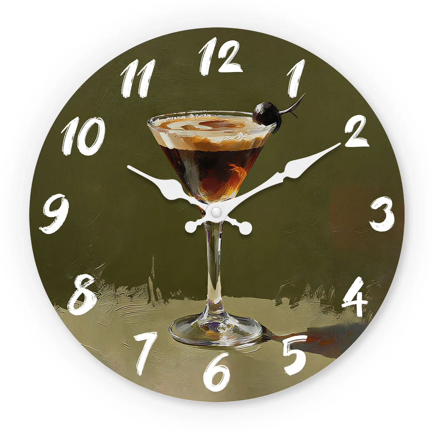Reloj de pared de madera con temática de cóctel Martini, 10-16 pulgadas, silencioso, verde oliva, funciona con pilas AA, adecuado para sala de estar, dormitorio, área de bar (pilas no incluidas), Día de la Madre, Pascua, Día de los Inocentes