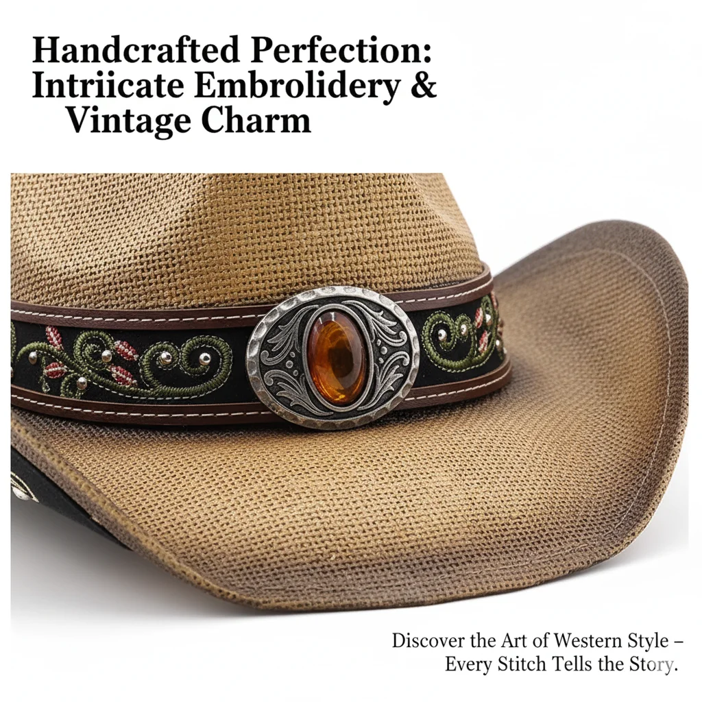 

Bohemian Western Cowboy Straw Hat For Men And Women, Embroidered Wide Brim Sun Hat For Summer Beach Holiday Outdoor Wear Fashion