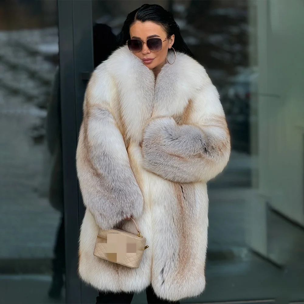 Luxury Real Fox Fur Coats Fashion Elegant Lapel Natural Fur Jackets Women Winter Thick Genuine Fox Fur Warm Full Pelt Overcoat