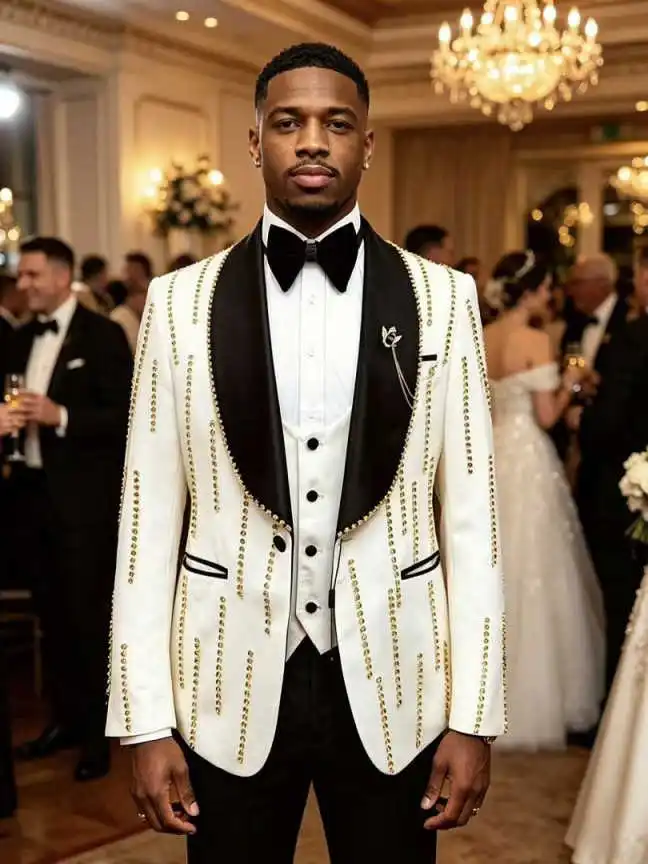 Luxury Men Formal Suit 3‑Pieces Shawl Lapel Rhinestone Striped Slim Fit Jacket Vest Trousers For Banquet Event Customized