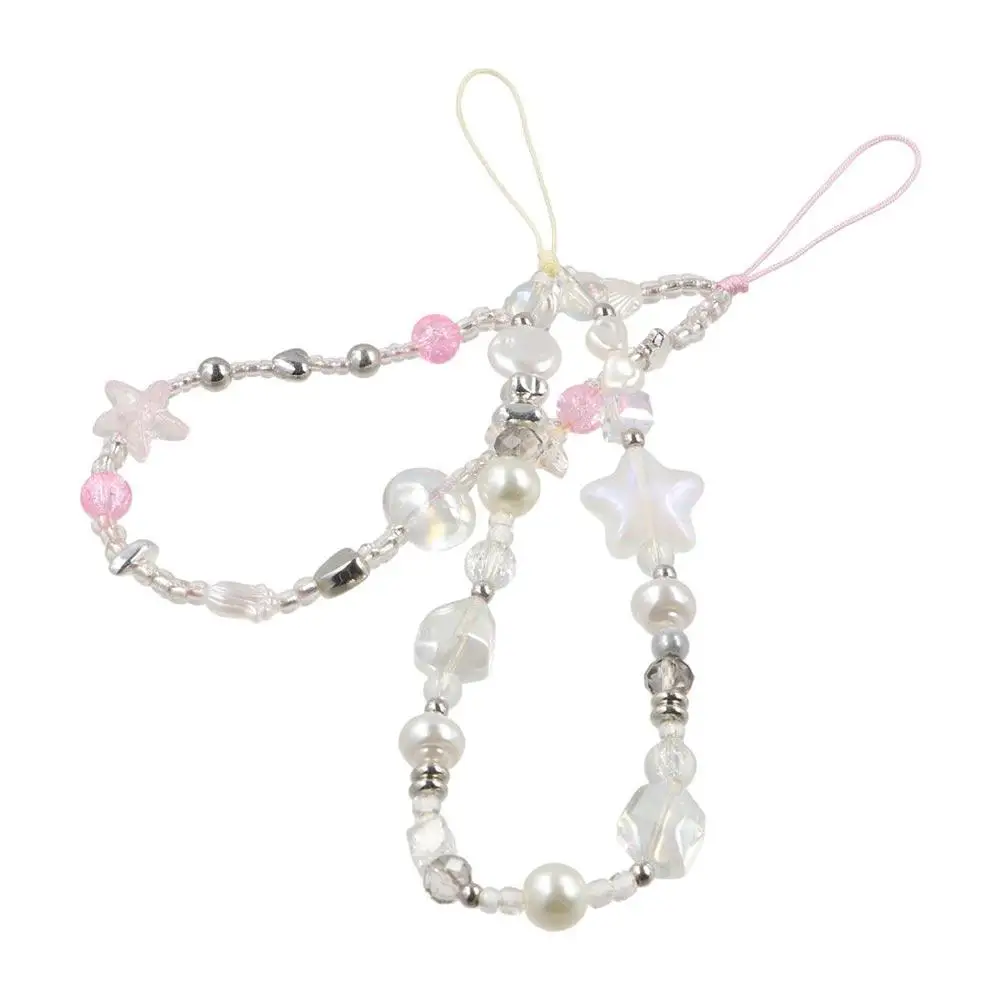 Y2K Silver Cell Phone Strap Sweet Girl Clear Star Phone Lanyard Wrist Strap Hanging Cord Beads Phone Chain Women Girl